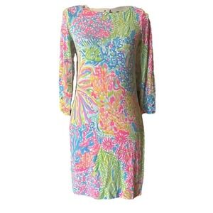 Lilly Pulitzer XS Coral Reef Print 3/4 Sleeve Stretch‎ Knit Sheath Dress